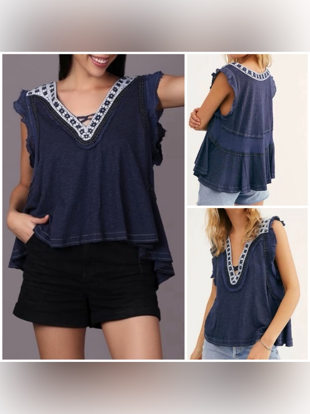 NWT Free People Market Place Embellished Tank - Denim Blue Combo - XS